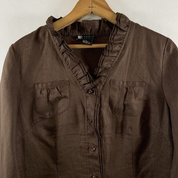 Carole Little Womens 100% Linen Ruffle Button Top Sz M Brown Coastal Boho New - Picture 2 of 12